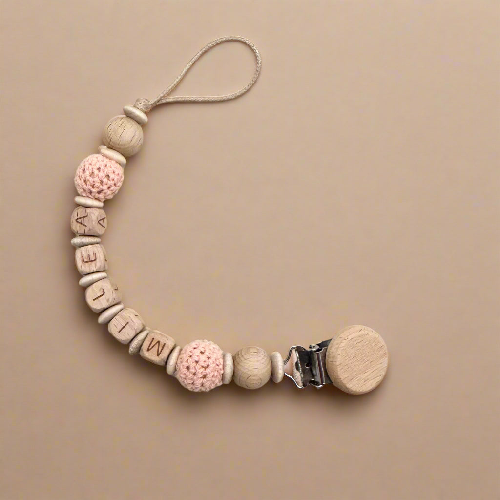 LUZ - Attache tétine bois et crochet personnalisée