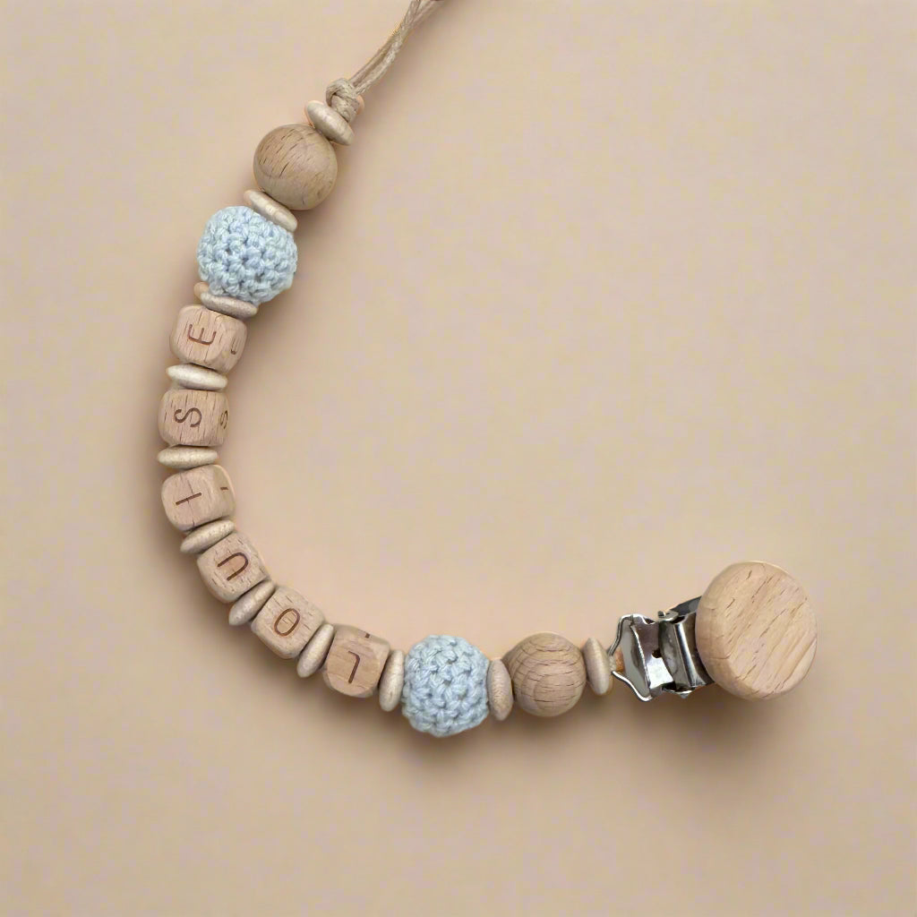 LUZ - Attache tétine bois et crochet personnalisée