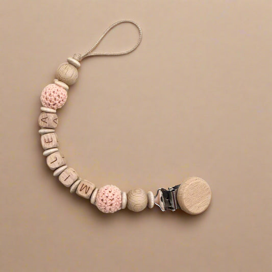 LUZ - Attache tétine bois et crochet personnalisée
